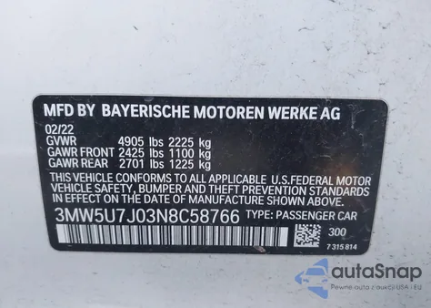 2022 BMW 3 Series M340I z USA, uszkodzony, nr VIN 3MW5U7J03N8C58766